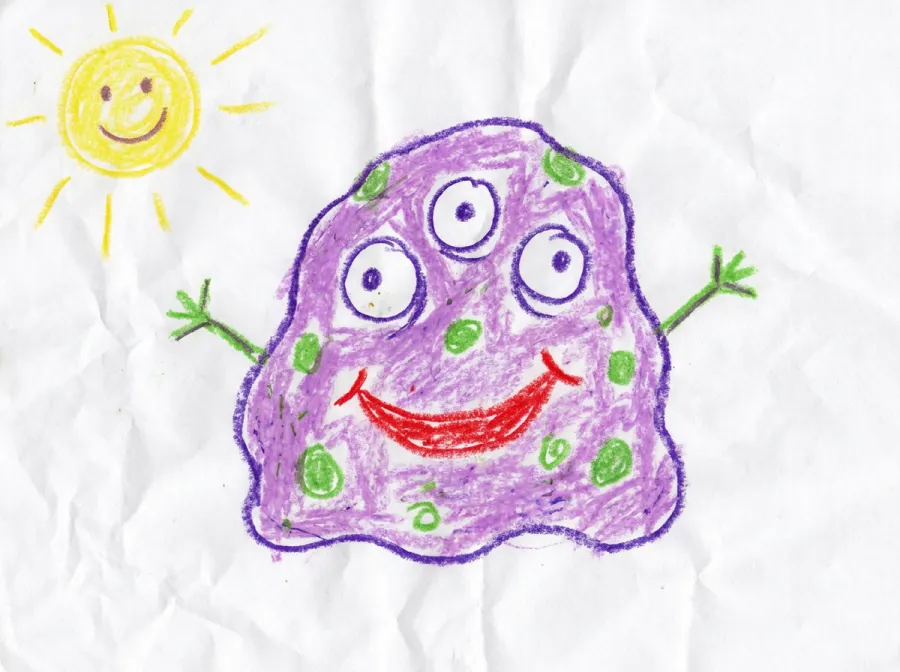 A child's crayon drawing of a purple three-eyed monster